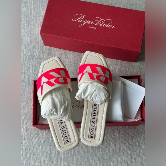 Roger Vivier white and pink leather slide sandals. New in box. Size 41. - Picture 3 of 6